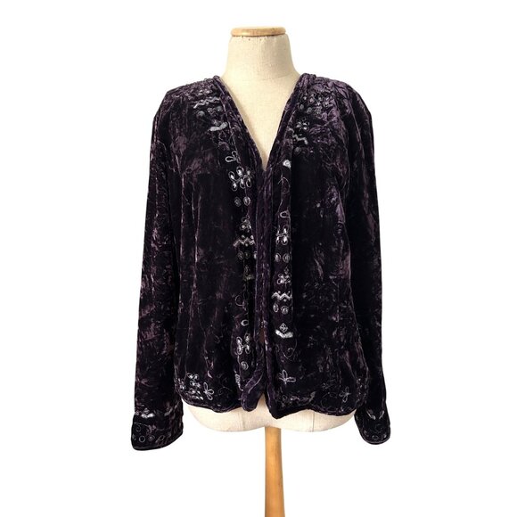 Chicos Women's Sz XL Velvet Embroidered Open Front Jacket Purple - Picture 2 of 14